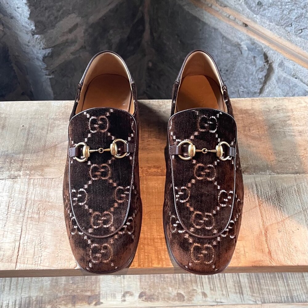 Gucci Quentin Brown Velvet GG Horsebit Loafers - Picture 2 of 10